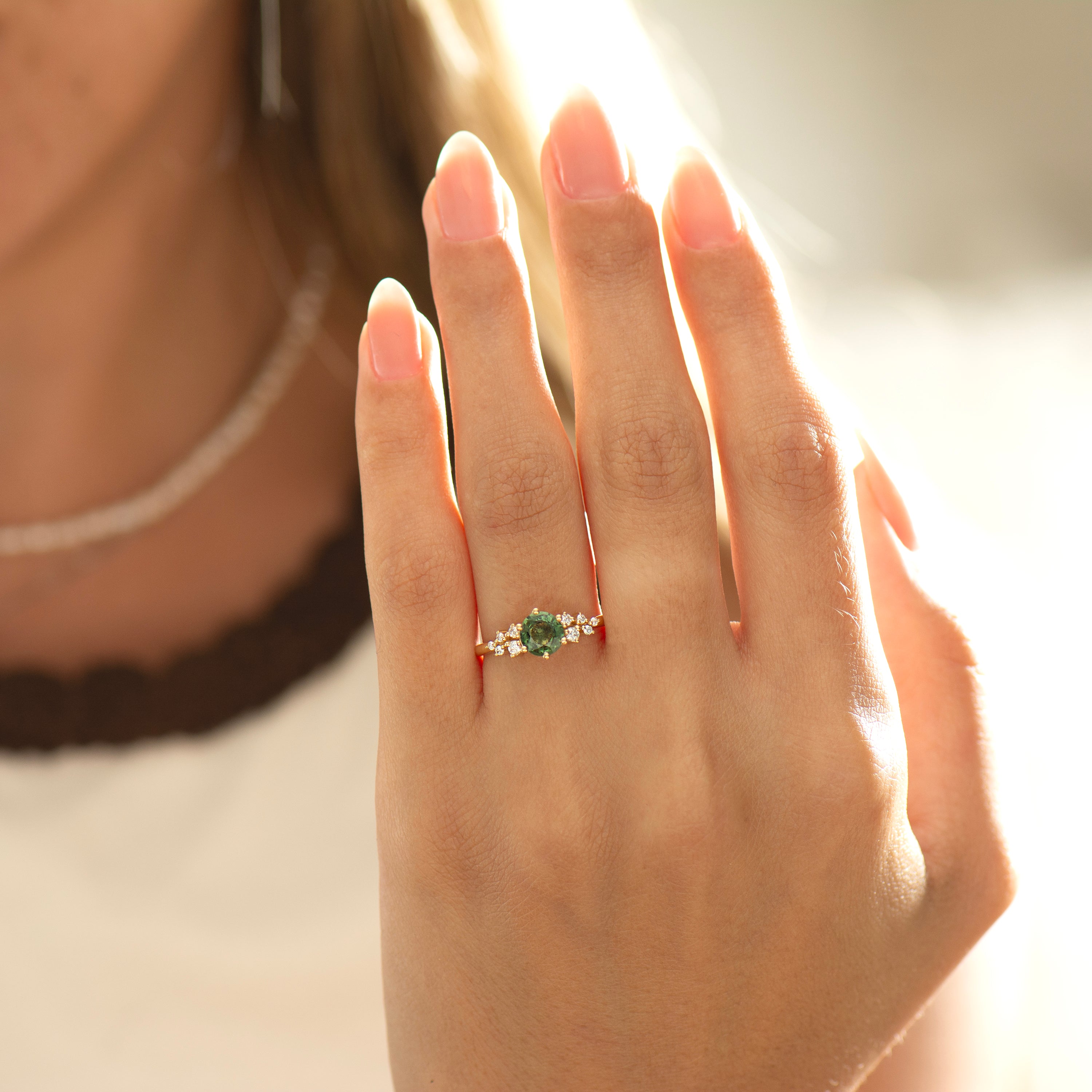 0.91 Carat Bloom Forest Green Cluster Ring - 18K Yellow Gold