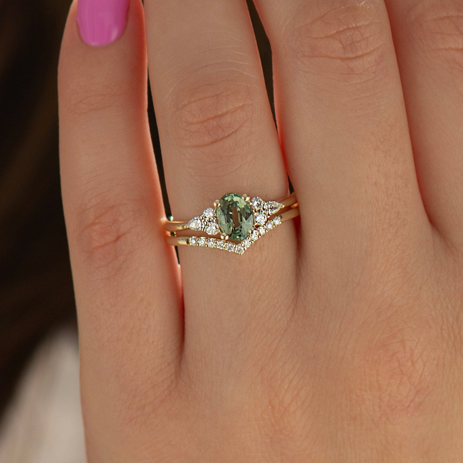 Green Sapphire Engagement Set - Natural Diamonds Set