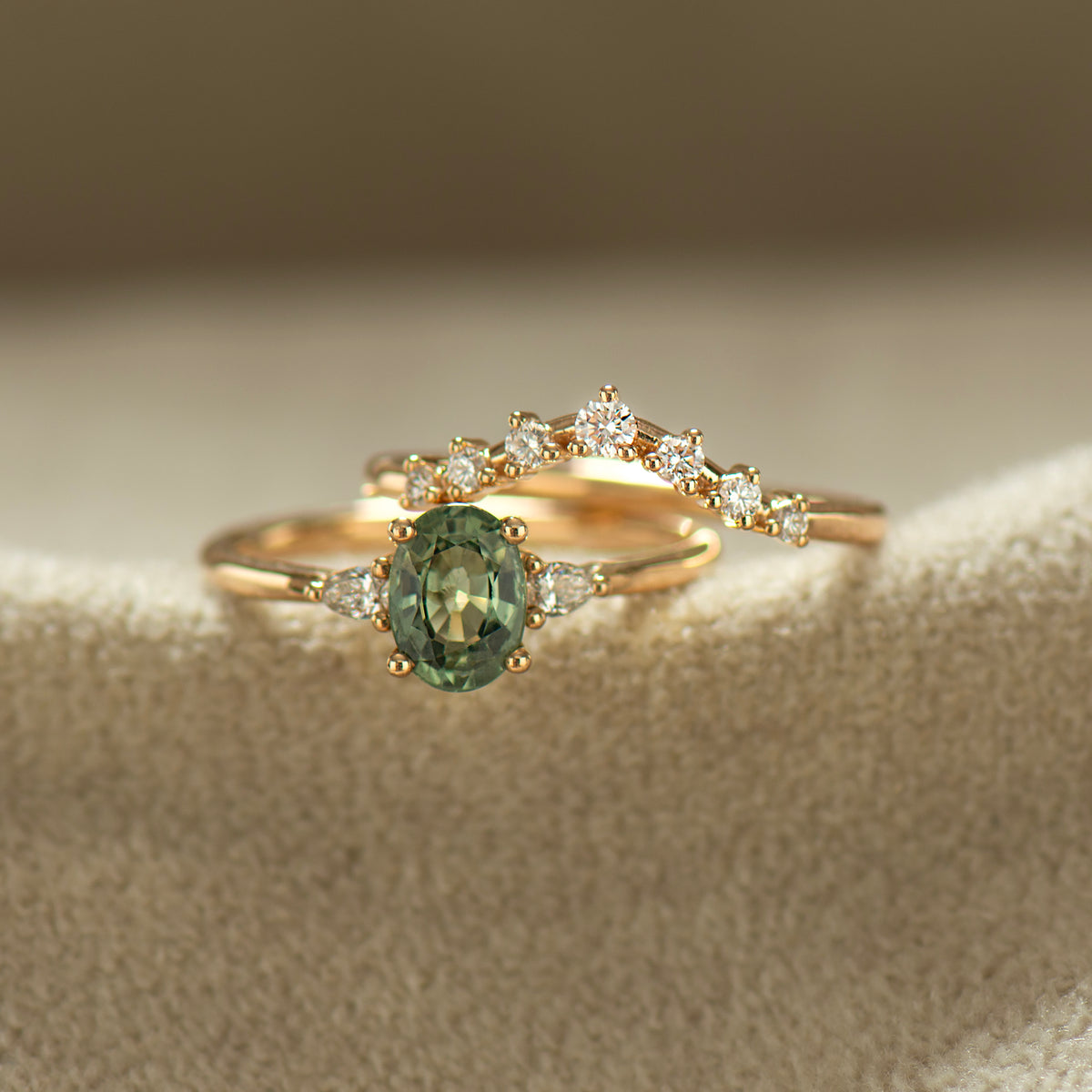 Oval Green Sapphire Ring Set