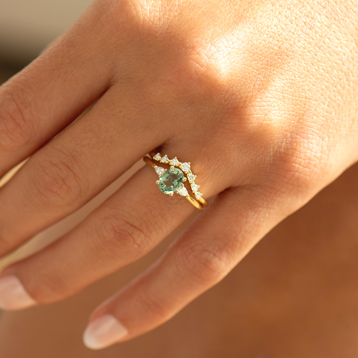 Oval Green Sapphire Ring Set