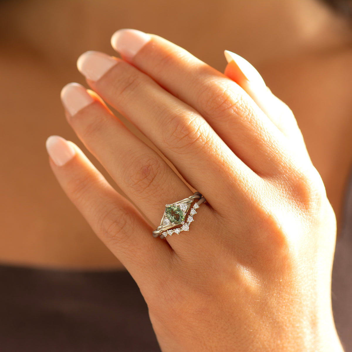 Celtic Knot Oval Green Sapphire Ring Set