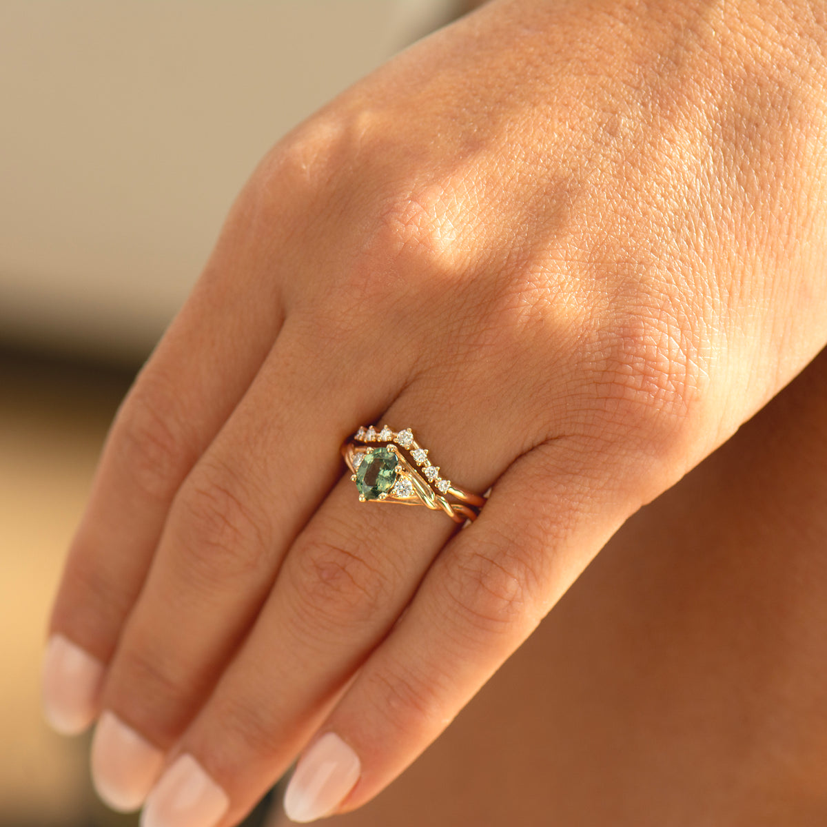 Celtic Knot Oval Green Sapphire Ring Set