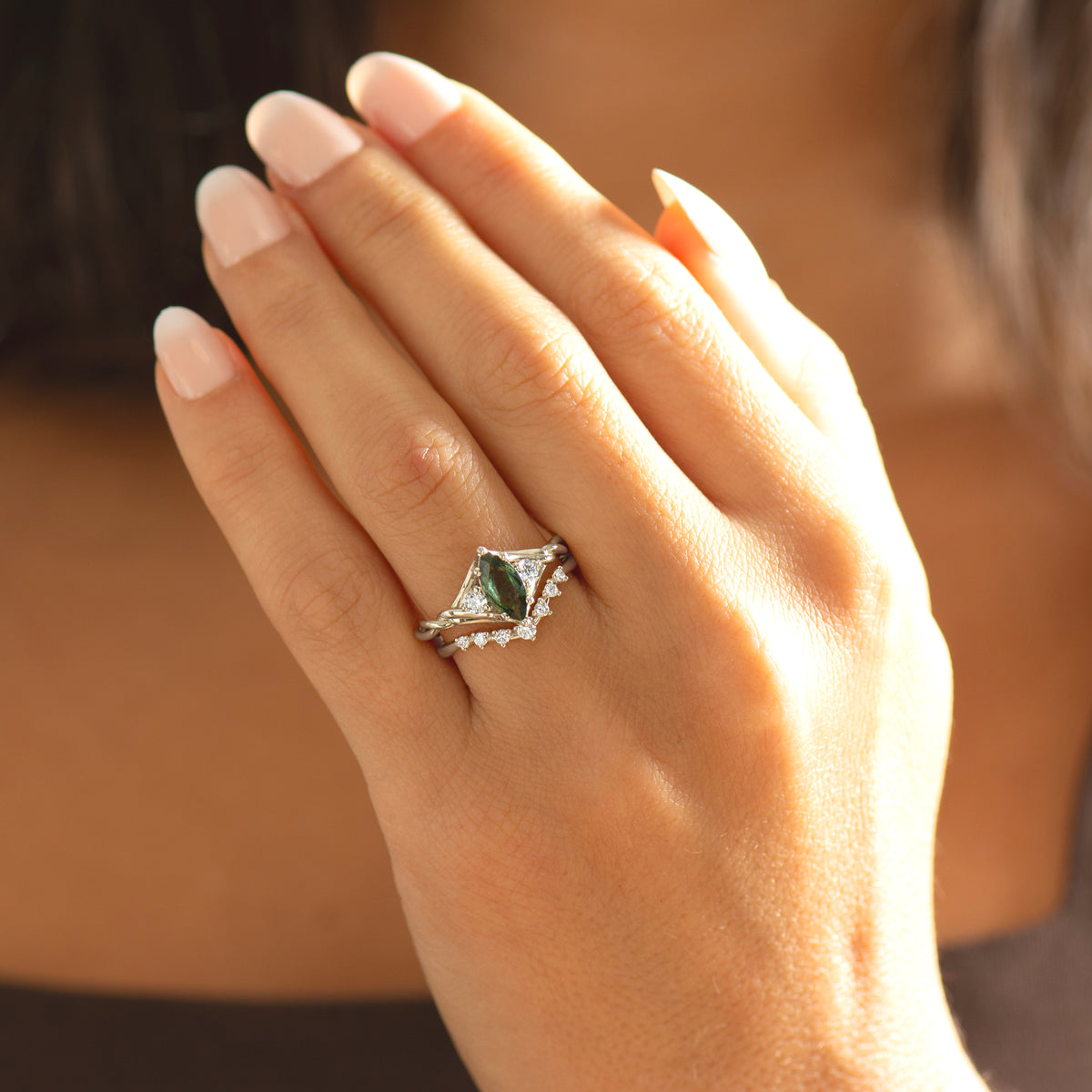 Celtic Knot Marquise Green Sapphire Ring Set