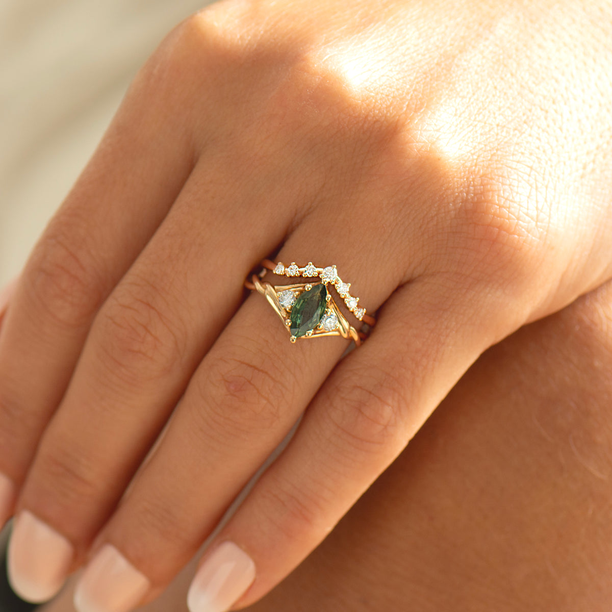 Celtic Knot Marquise Green Sapphire Ring Set