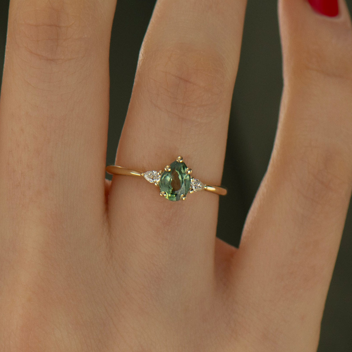Green Sapphire Engagement Ring - Pear