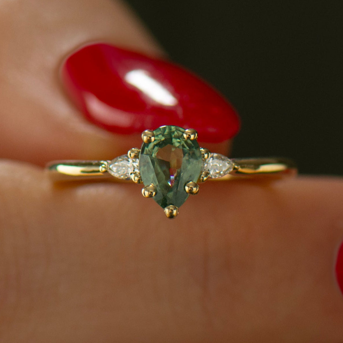 Green Sapphire Engagement Ring - Pear